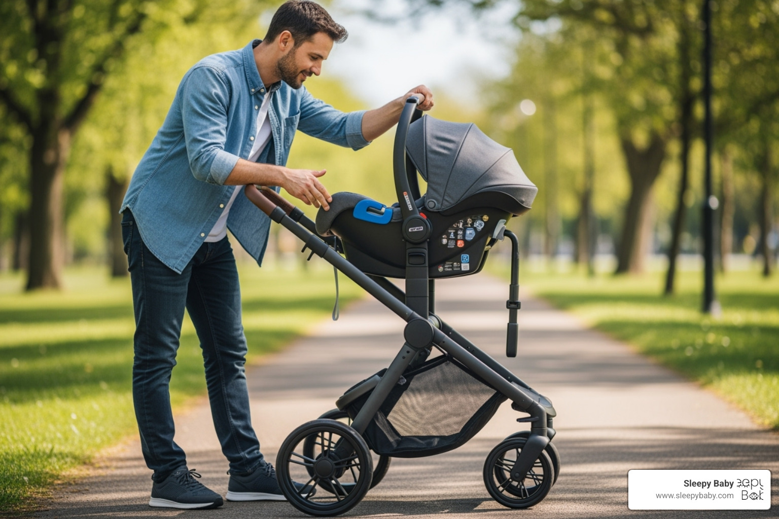 parent easily placing a car seat into a stroller - must haves for new mums
