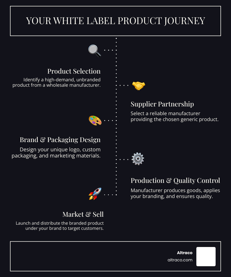 Infographic showing the white label process: Step 1 - Manufacturer produces generic product, Step 2 - Your company adds branding and custom packaging, Step 3 - Product is sold under your brand name to end customers, with icons showing a plain product transforming into a branded product - white label products wholesale infographic infographic-line-5-steps-dark