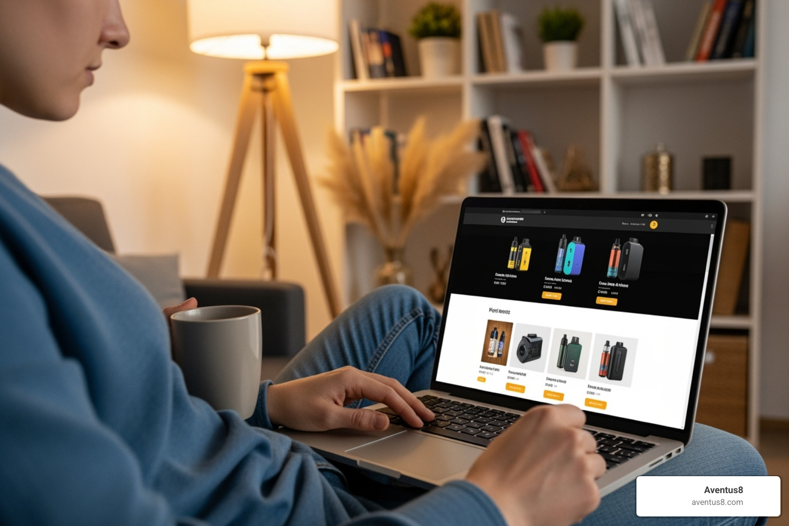Person browsing the Aventus8 online vape shop on their laptop - order THC vapes online
