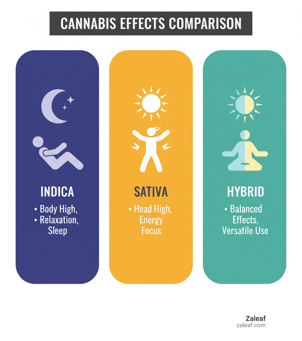 Infographic comparing Indica, Sativa, and Hybrid effects: Indica shows a relaxed person at night with moon icon, labeled 'Body High, Relaxation, Sleep'; Sativa shows an energetic person during day with sun icon, labeled 'Head High, Energy, Focus'; Hybrid shows balanced person with sun-moon icon, labeled 'Balanced Effects, Versatile Use' - indica pen infographic 