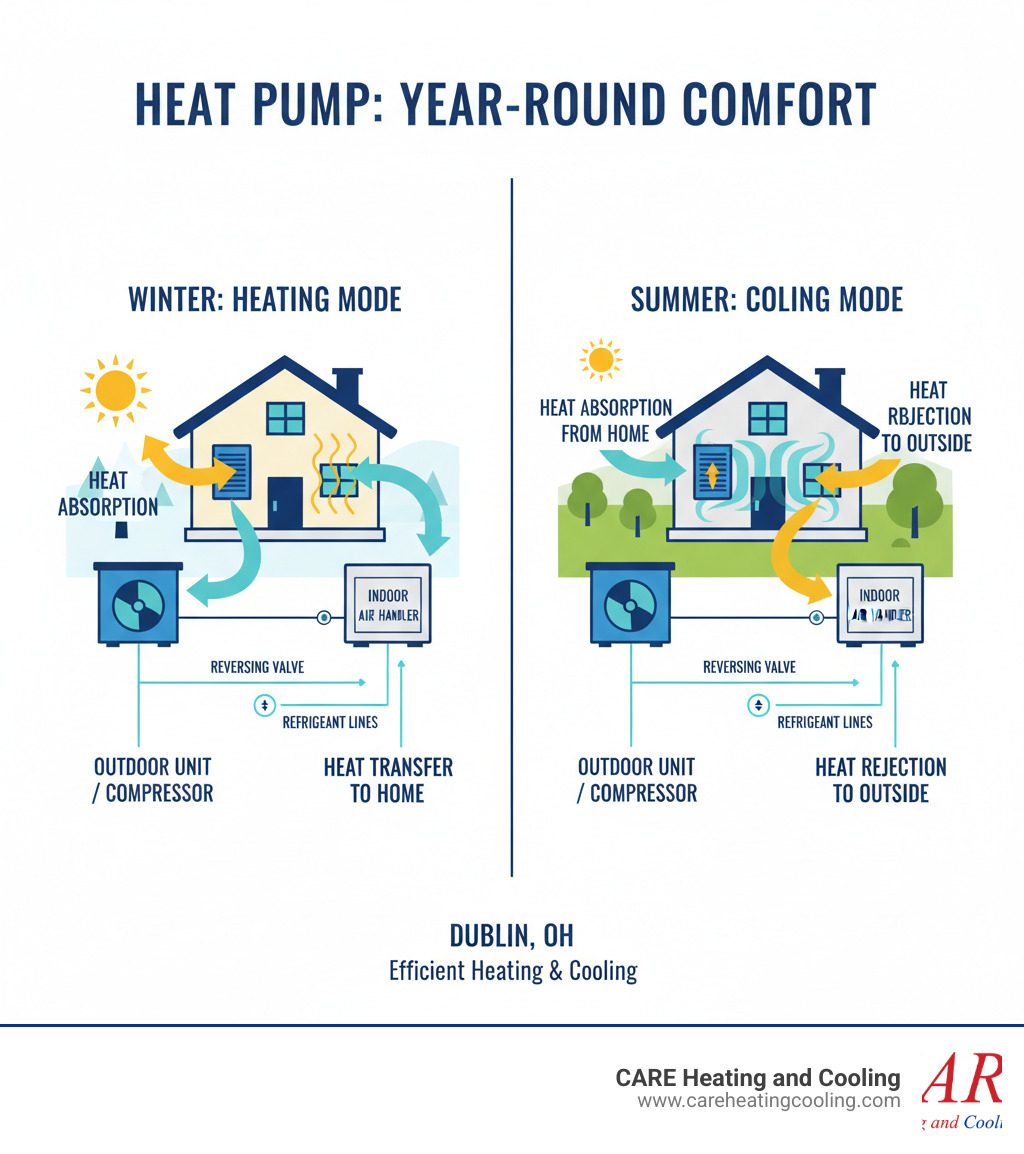 Infographic showing how a heat pump works in both heating and cooling modes, with arrows indicating heat transfer from outdoor unit to indoor air handler in winter, and reverse direction in summer, plus labels for key components like compressor, reversing valve, refrigerant lines, and air handler - heat pump service dublin oh infographic Infographic showing how a heat pump works in both heating and cooling modes, with arrows indicating heat transfer from outdoor unit to indoor air handler in winter, and reverse direction in summer, plus labels for key components like compressor, reversing valve, refrigerant lines, and air handler - heat pump service dublin oh infographic