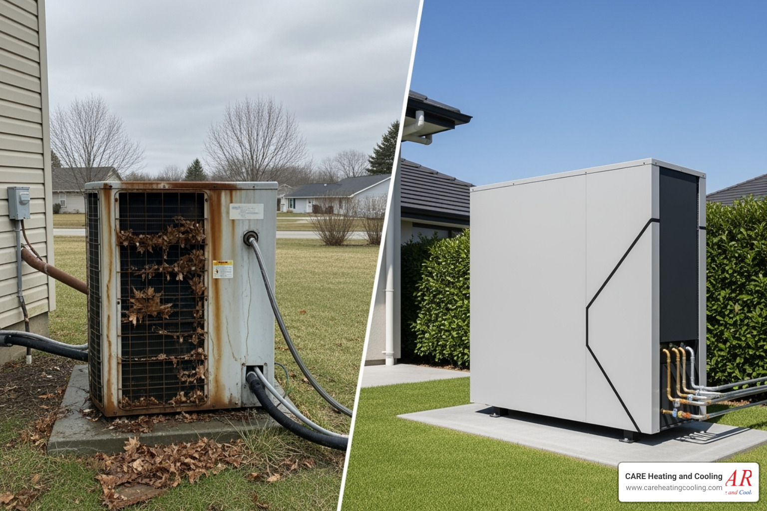 split-screen showing an old, inefficient heat pump versus a new, sleek model - heat pump service dublin oh split-screen showing an old, inefficient heat pump versus a new, sleek model - heat pump service dublin oh