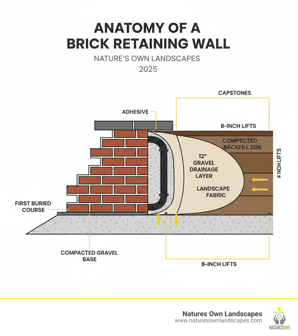 detailed cross-section infographic showing the anatomy of a brick retaining wall including compacted gravel base layer, first buried course of bricks, staggered brick courses with mortar joints, perforated drain pipe behind wall, 12-inch gravel drainage layer wrapped in landscape fabric, compacted backfill soil in 8-inch lifts, and capstones secured with adhesive at top - how to install a brick retaining wall infographic 