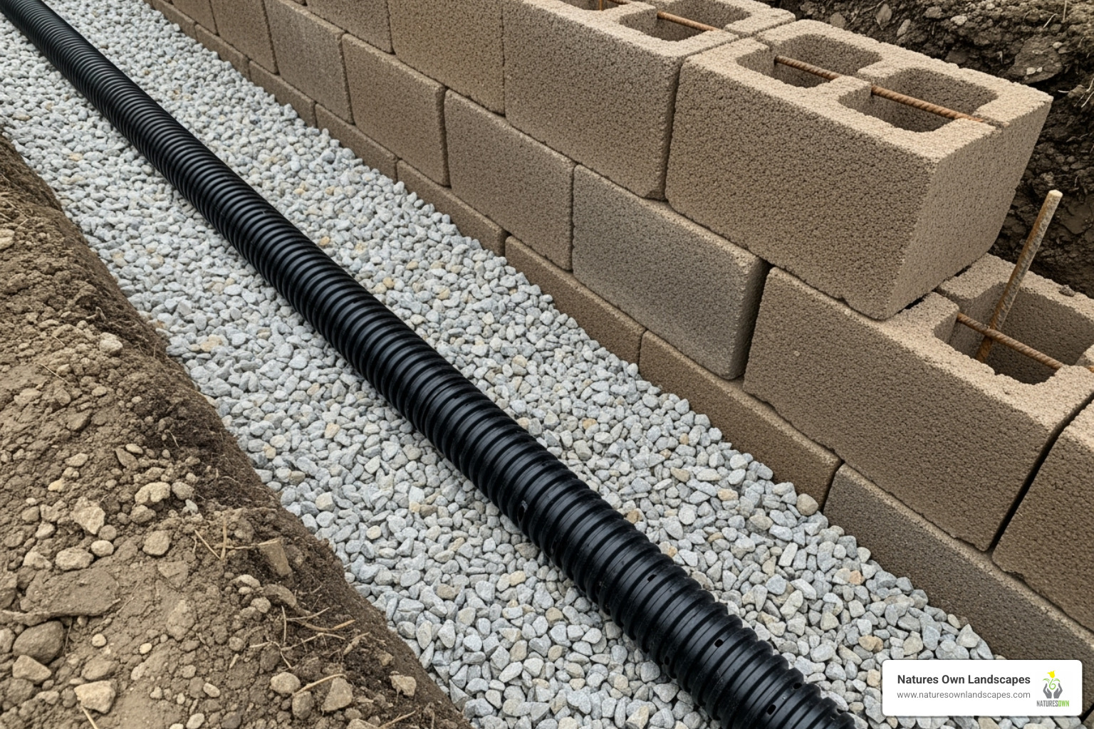perforated drainpipe and gravel - how to install a brick retaining wall