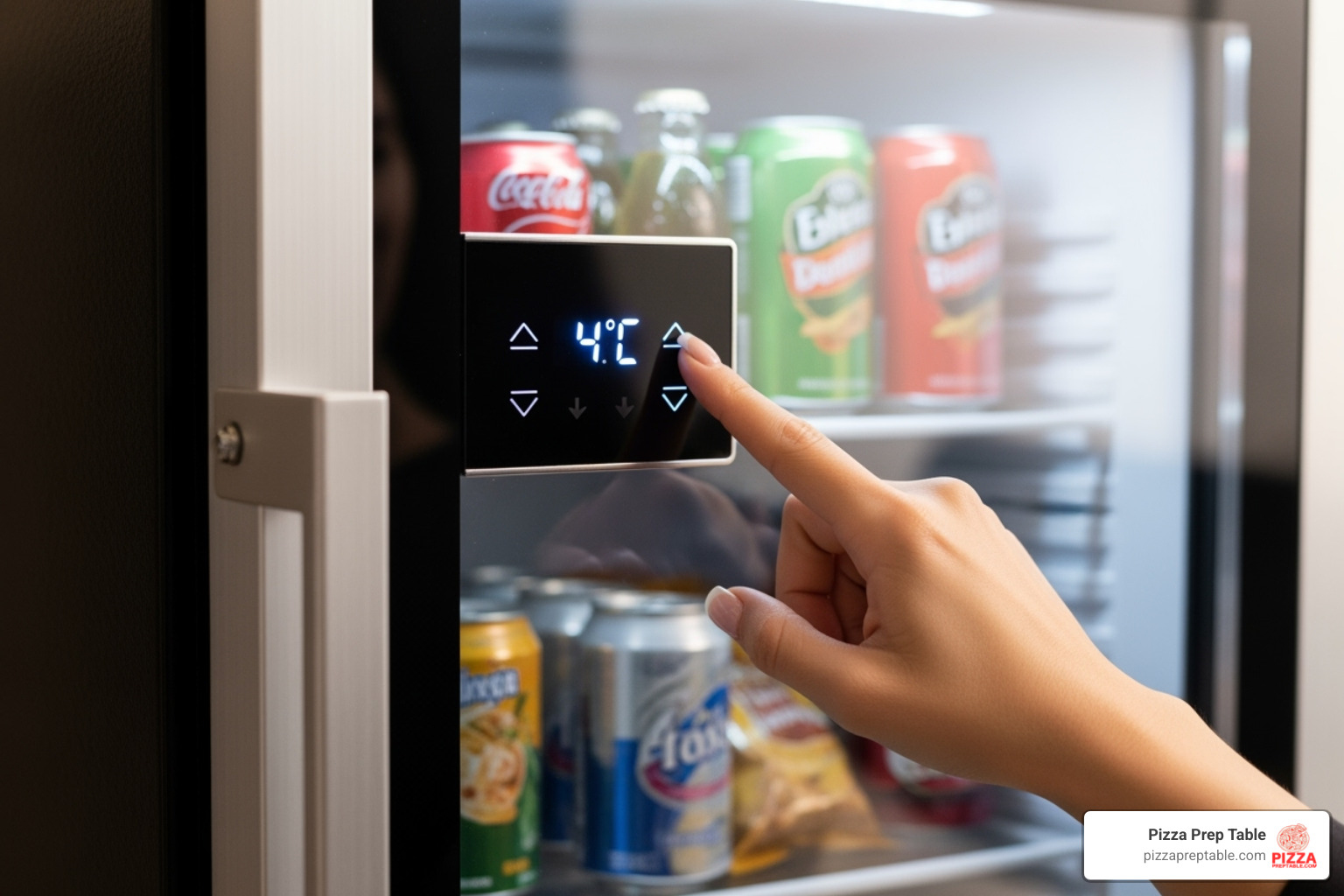 person adjusting digital temperature display on mini fridge - mini fridge with glass door