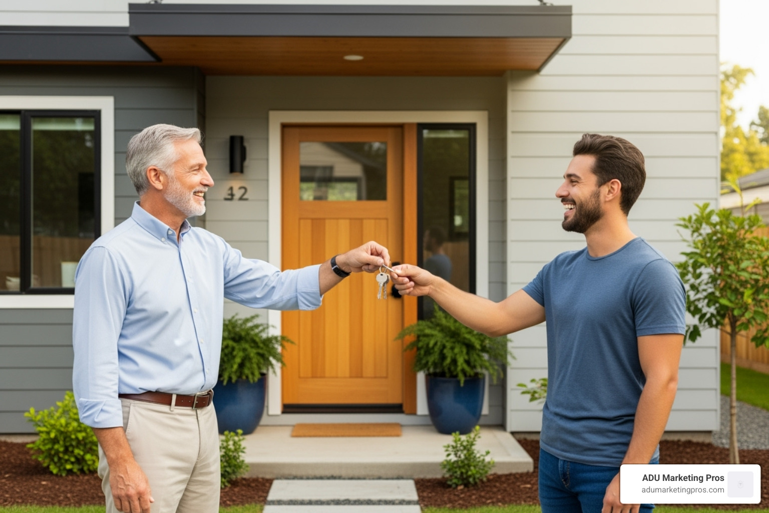 landlord handing keys to a smiling tenant in front of an ADU entrance. - ADU rental laws landlord handing keys to a smiling tenant in front of an ADU entrance. - ADU rental laws