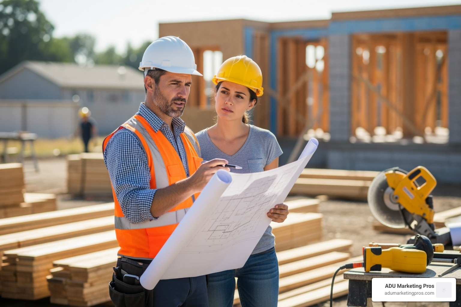 building inspector reviewing blueprints with a homeowner on a construction site. - ADU rental laws building inspector reviewing blueprints with a homeowner on a construction site. - ADU rental laws