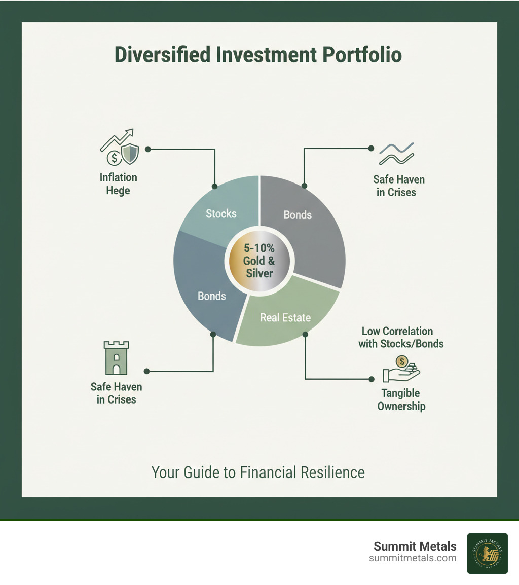 infographic showing a diversified investment portfolio with 5-10% allocated to gold and silver, highlighting hedging against inflation, safe-haven during crises, low correlation with stocks and bonds, and tangible ownership - how to buy gold and silver infographic  infographic showing a diversified investment portfolio with 5-10% allocated to gold and silver, highlighting hedging against inflation, safe-haven during crises, low correlation with stocks and bonds, and tangible ownership - how to buy gold and silver infographic