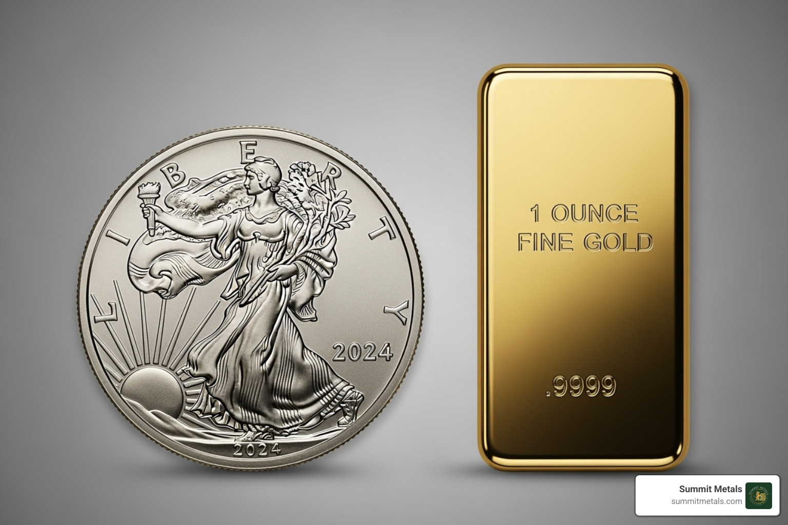 comparing a 1 oz American Gold Eagle coin and a 1 oz gold bar side-by-side - how to buy gold and silver comparing a 1 oz American Gold Eagle coin and a 1 oz gold bar side-by-side - how to buy gold and silver