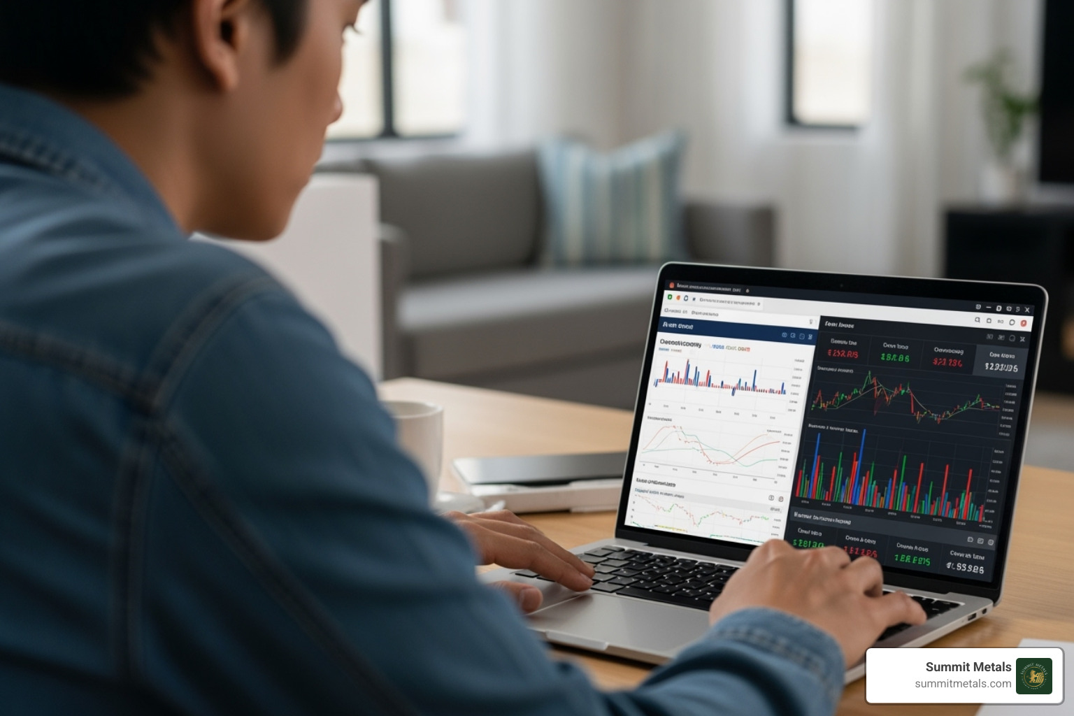person using a laptop to view real-time precious metal prices on Summit Metals' website - how to buy gold and silver person using a laptop to view real-time precious metal prices on Summit Metals' website - how to buy gold and silver