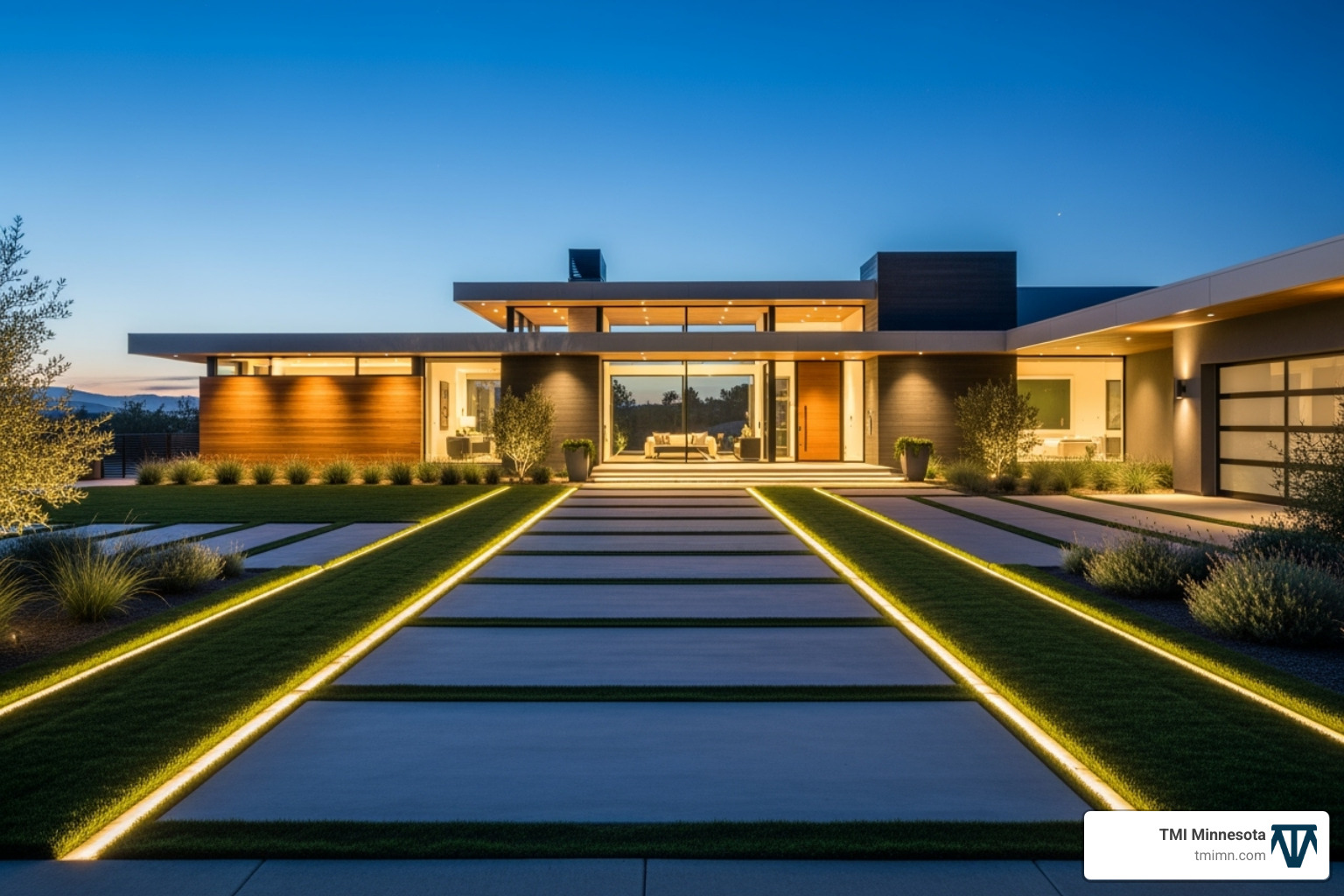 modern home with a ribbon driveway using large concrete slabs and grass strips - hardscape driveway ideas
