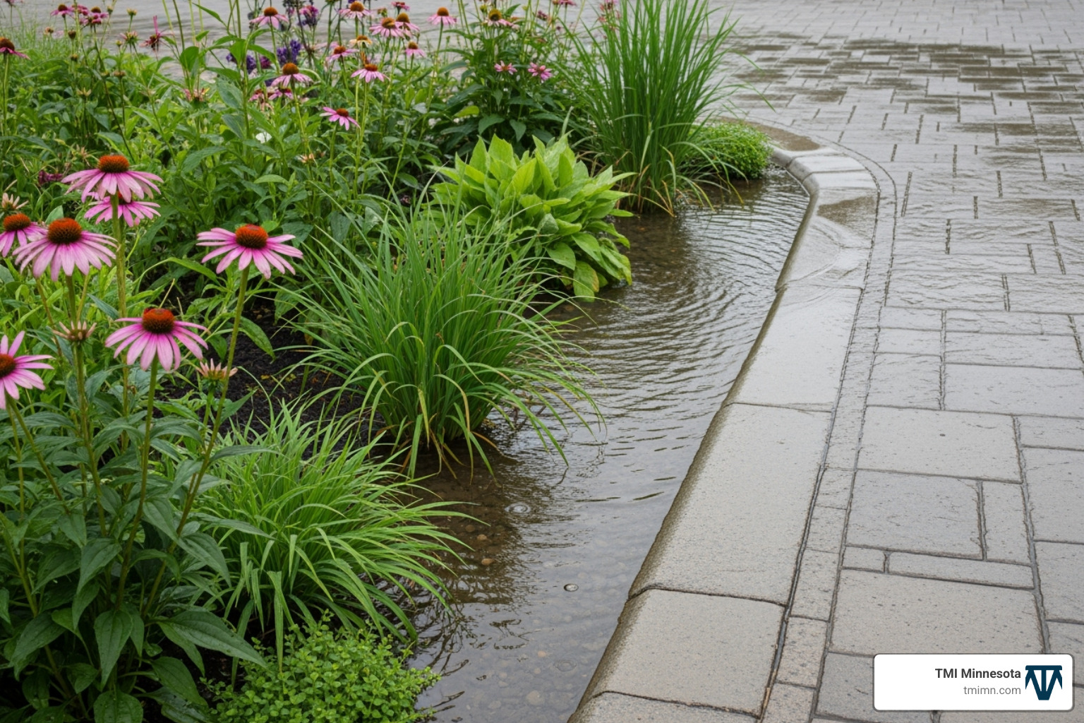 rain garden adjacent to a driveway collecting runoff - hardscape driveway ideas