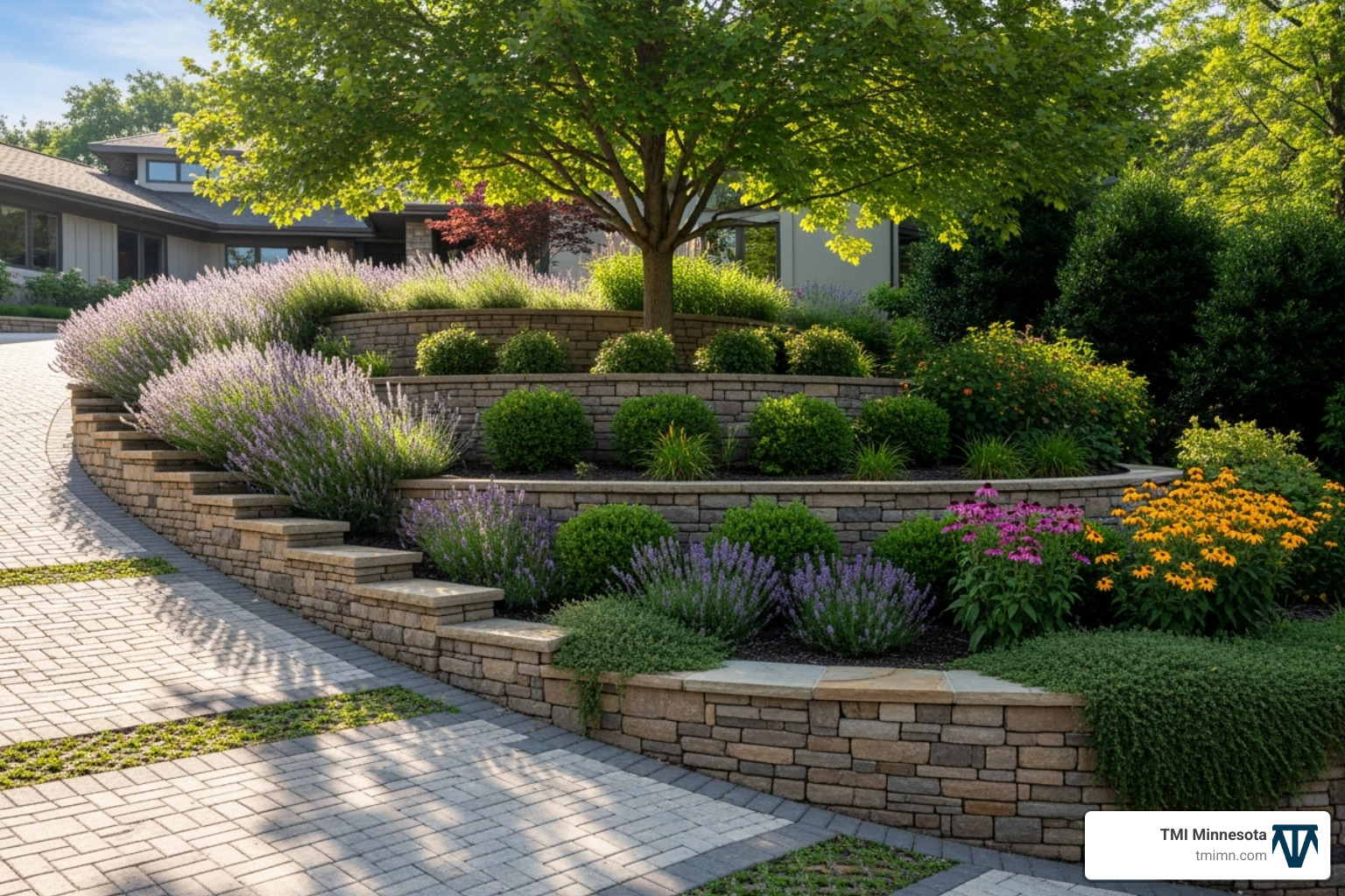 terraced driveway on a slope with retaining walls and plantings - hardscape driveway ideas