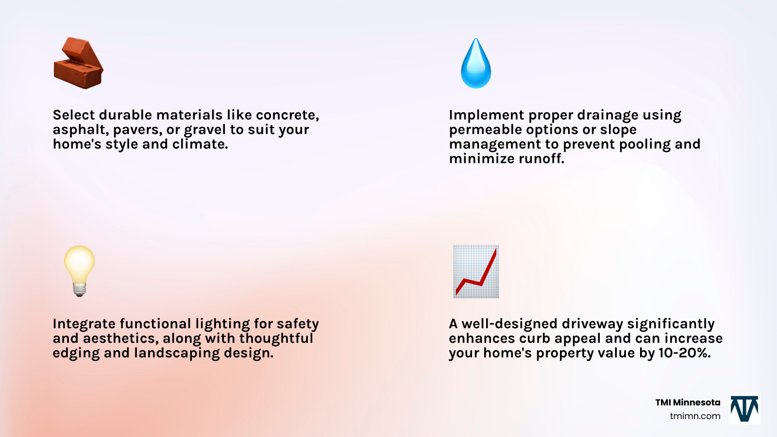 Infographic showing the key elements of a well-designed driveway: Material Selection (concrete, asphalt, pavers, gravel), Edging & Borders (defined boundaries, integrated landscaping), Proper Drainage (permeable options, slope management, water runoff solutions), Lighting (pathway lights, solar options, safety and aesthetics), and Landscaping Integration (plant beds, ground cover, cohesive design). The infographic includes icons for each element and notes that professional design can increase property value by 10-20%. - hardscape driveway ideas infographic 4_facts_emoji_light-gradient