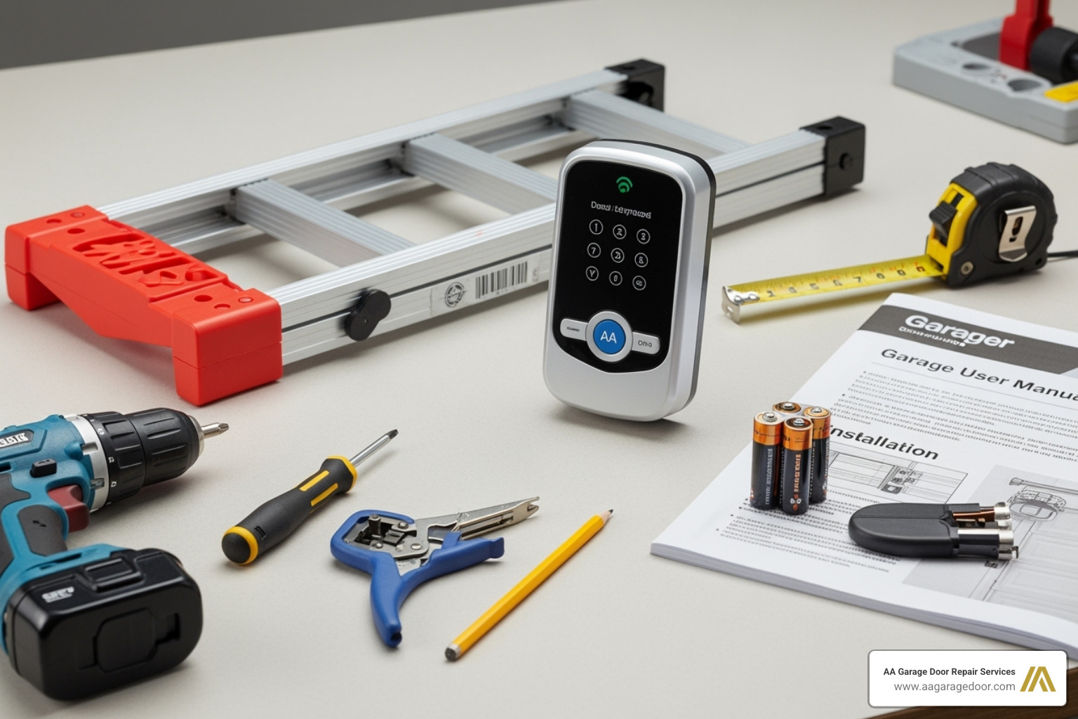 necessary tools laid out: a keypad, a stepladder, the opener's user manual, and fresh batteries - set up garage door keypad necessary tools laid out: a keypad, a stepladder, the opener's user manual, and fresh batteries - set up garage door keypad