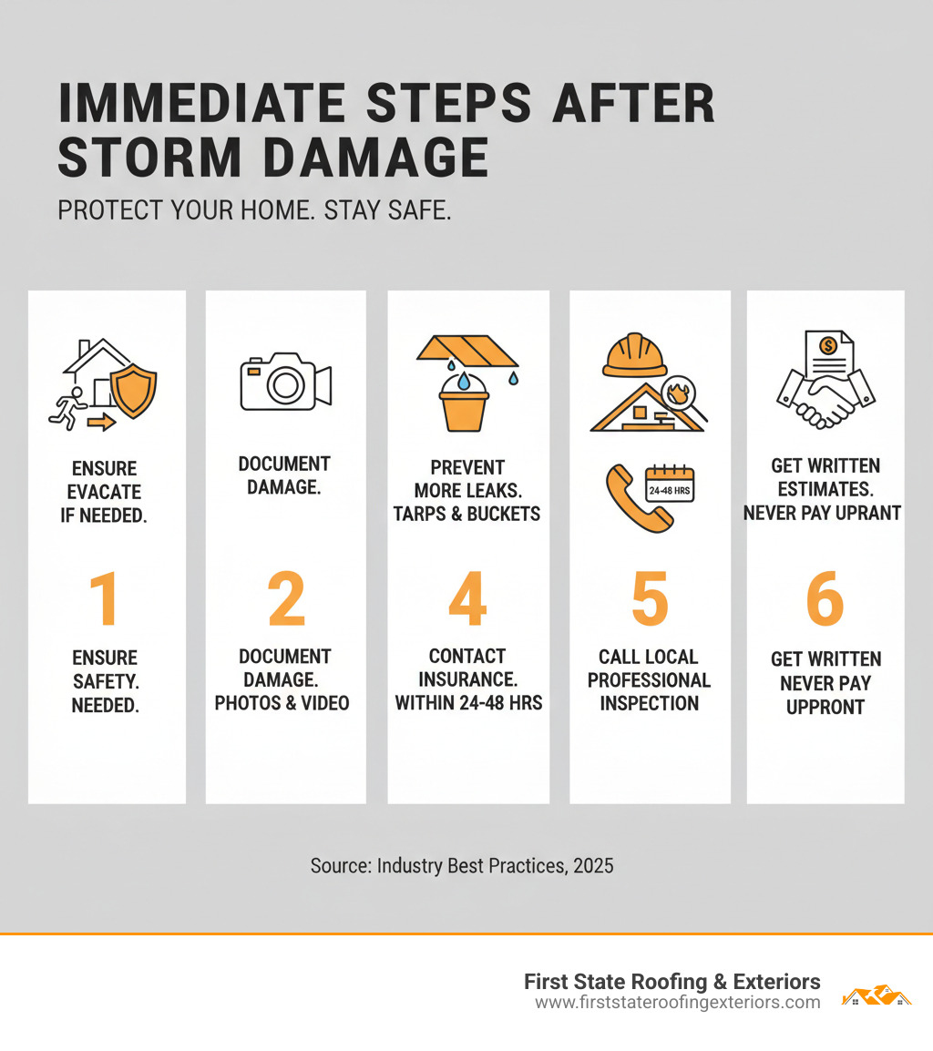 Infographic showing immediate steps after storm damage: 1) Ensure safety and evacuate if necessary, 2) Document all damage with photos and video, 3) Place tarps or buckets to prevent further water intrusion, 4) Contact insurance company within 24-48 hours, 5) Call a local licensed roofer for professional inspection, 6) Get written estimates and never pay in full upfront - storm damage roof repair near me infographic Infographic showing immediate steps after storm damage: 1) Ensure safety and evacuate if necessary, 2) Document all damage with photos and video, 3) Place tarps or buckets to prevent further water intrusion, 4) Contact insurance company within 24-48 hours, 5) Call a local licensed roofer for professional inspection, 6) Get written estimates and never pay in full upfront - storm damage roof repair near me infographic