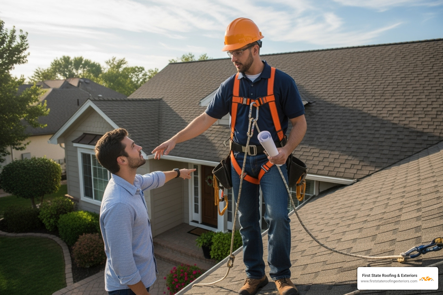 Roofer with safety harness discussing repair options with a homeowner - storm damage roof repair near me Roofer with safety harness discussing repair options with a homeowner - storm damage roof repair near me