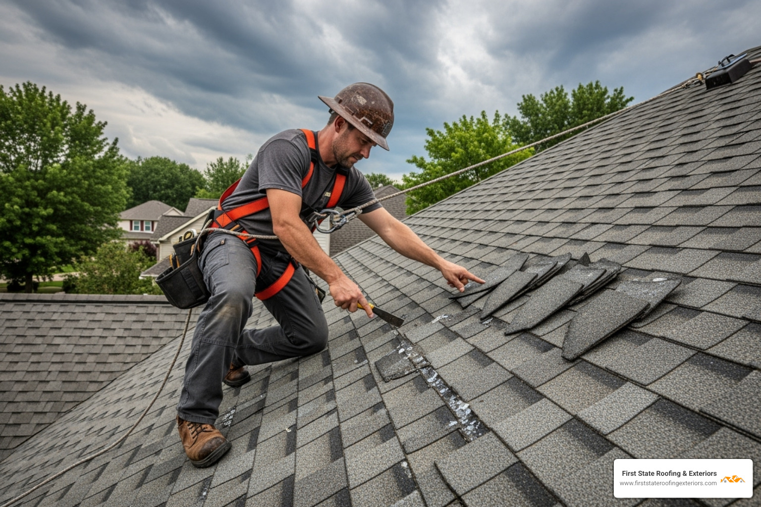 Roofer with safety harness inspecting hail damage on an asphalt shingle roof - storm damage roof repair near me Roofer with safety harness inspecting hail damage on an asphalt shingle roof - storm damage roof repair near me