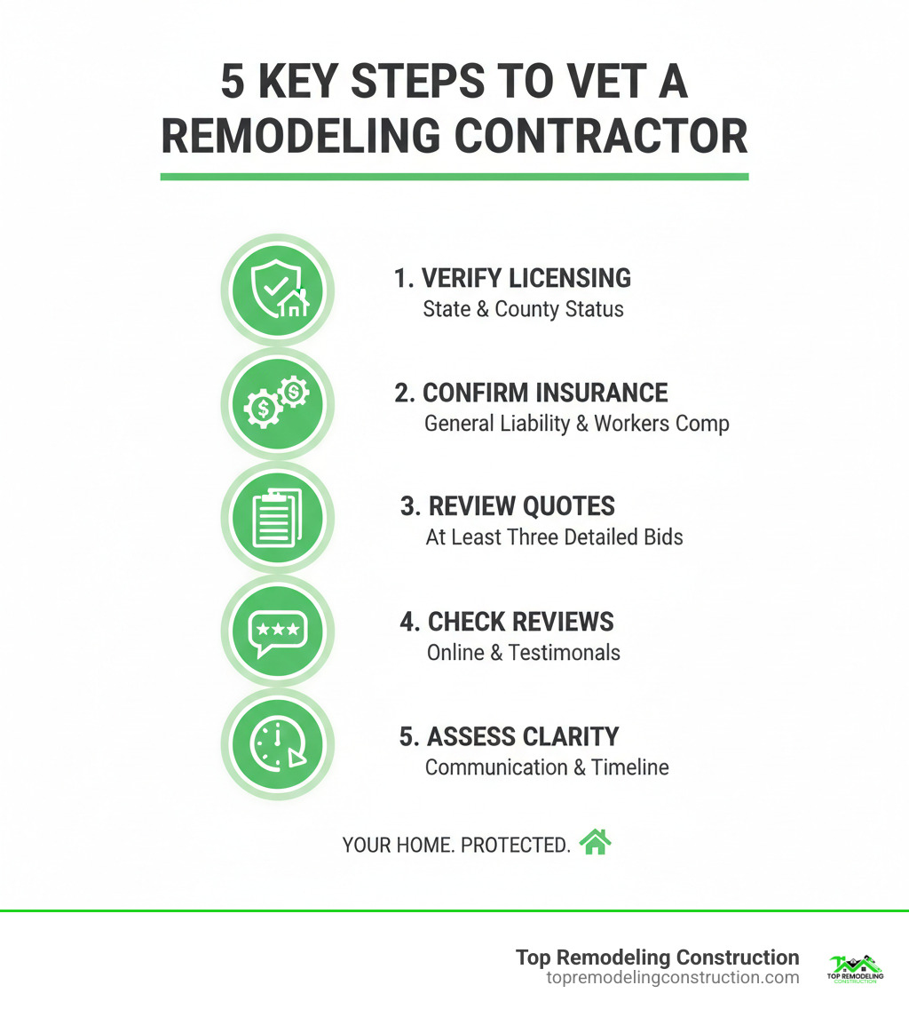 Infographic showing five key steps to vet a remodeling contractor: 1. Verify state and county licensing status, 2. Confirm general liability and workers compensation insurance, 3. Review at least three detailed quotes, 4. Check online reviews and customer testimonials, 5. Assess communication style and project timeline clarity - tk remodeling & roofing infographic Infographic showing five key steps to vet a remodeling contractor: 1. Verify state and county licensing status, 2. Confirm general liability and workers compensation insurance, 3. Review at least three detailed quotes, 4. Check online reviews and customer testimonials, 5. Assess communication style and project timeline clarity - tk remodeling & roofing infographic
