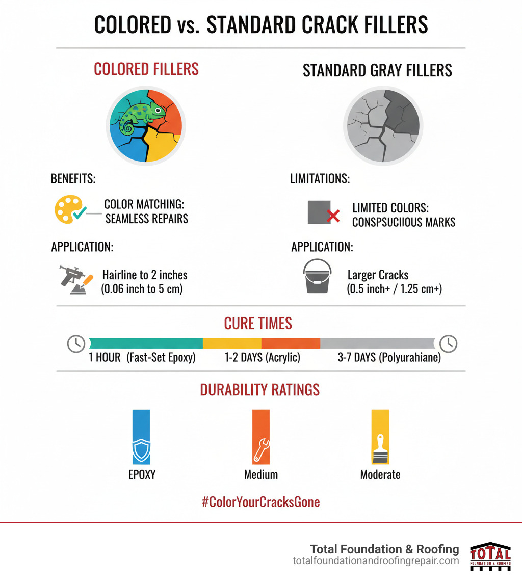 Infographic comparing colored crack fillers versus standard gray fillers, showing color matching benefits, application methods for different crack sizes, cure times ranging from 1 hour to 7 days, and long-term durability ratings for various filler types including epoxy, polyurethane, and acrylic options - colored concrete crack filler infographic 