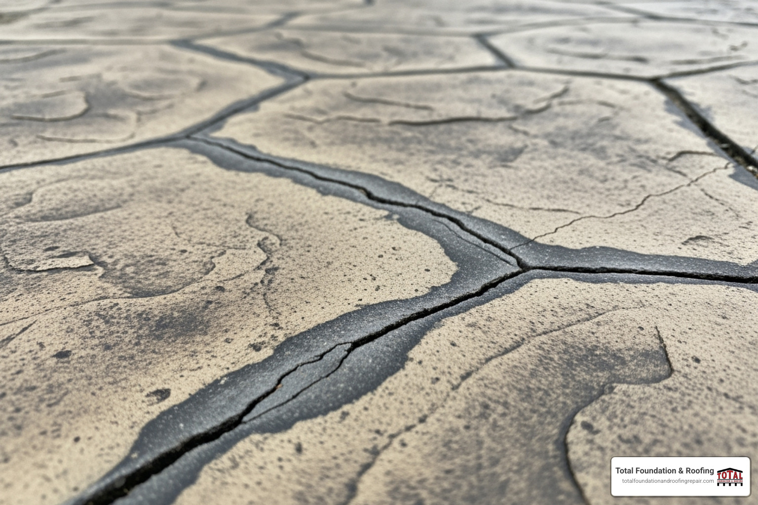 Successful repair on a stamped concrete surface - colored concrete crack filler