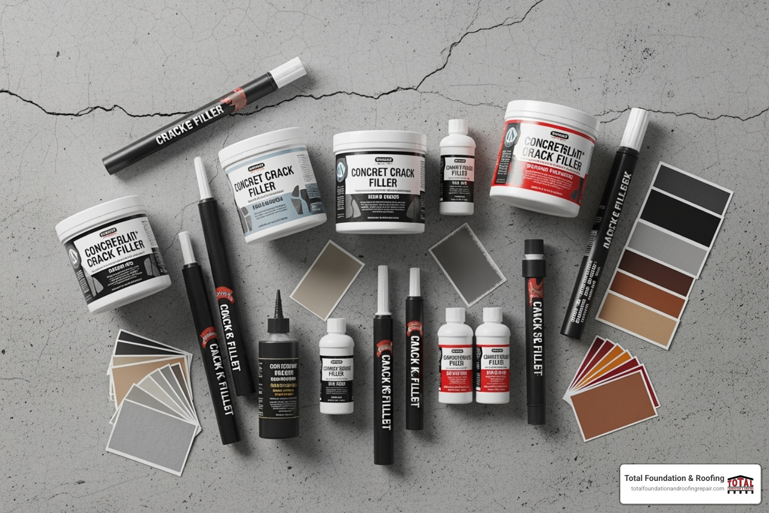 Various colored concrete crack filler products and color swatches - colored concrete crack filler