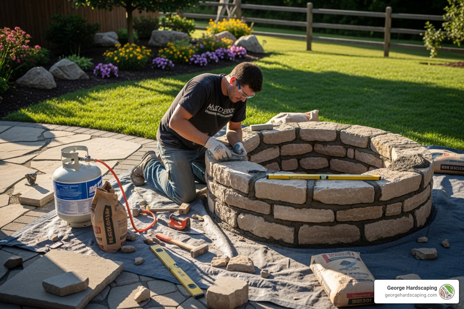 Professional hardscaper building a custom stone gas fire pit enclosure with tools and safety gear. - gas fire pit installation near me Professional hardscaper building a custom stone gas fire pit enclosure with tools and safety gear. - gas fire pit installation near me