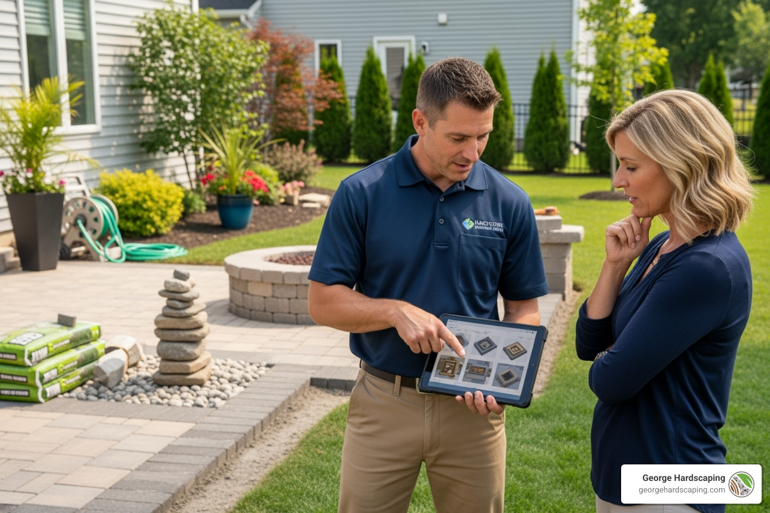 George Hardscaping installer in uniform consulting with a homeowner about custom gas fire pit plans in their backyard. - gas fire pit installation near me George Hardscaping installer in uniform consulting with a homeowner about custom gas fire pit plans in their backyard. - gas fire pit installation near me