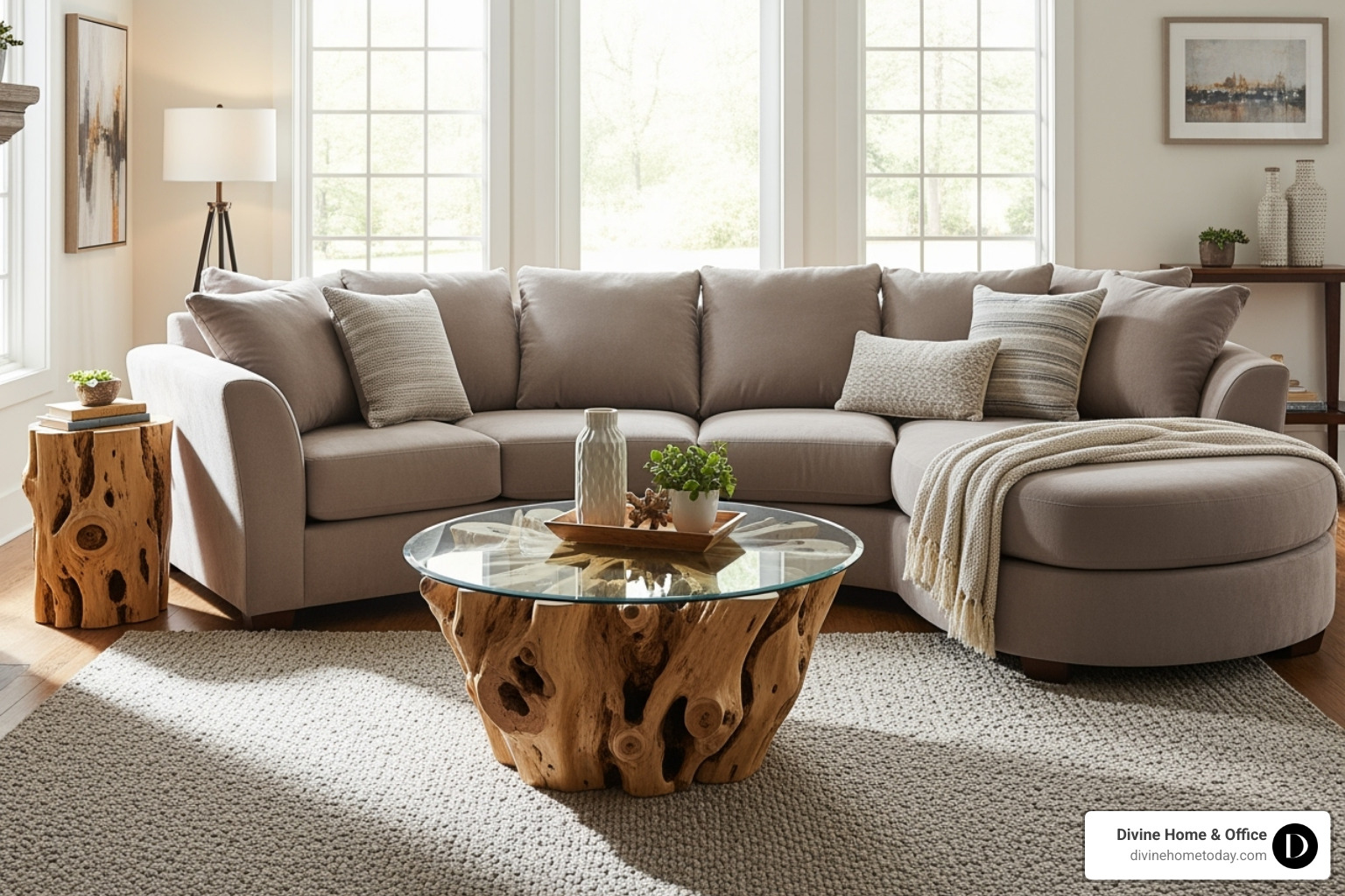 a living room with a curved sectional sofa and a unique vintage coffee table - new decorating trends 2025 a living room with a curved sectional sofa and a unique vintage coffee table - new decorating trends 2025