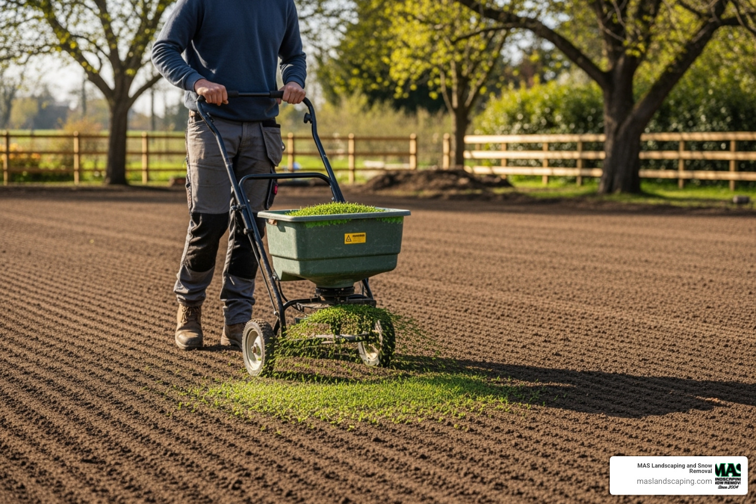 of a broadcast spreader being used to sow grass seed evenly across a prepared area - laying a new lawn with grass seed