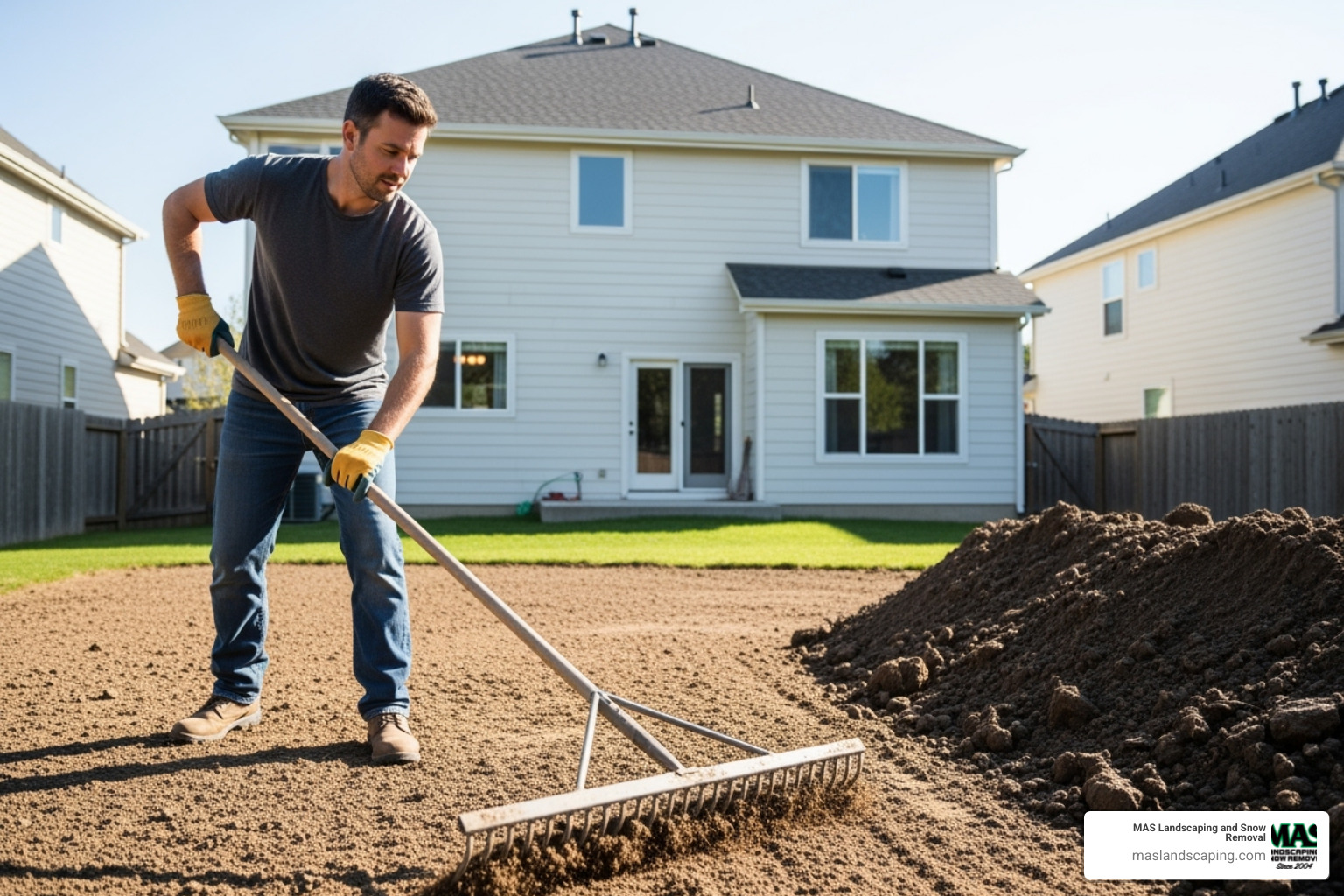 of a homeowner raking and preparing the soil in their yard - laying a new lawn with grass seed