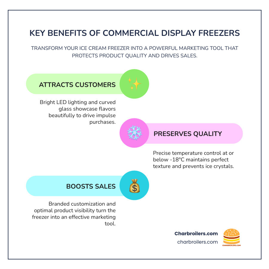 Infographic showing three key benefits of commercial ice cream display freezers: 1) Attracts Customers - bright LED lighting and curved glass showcase flavors beautifully to drive impulse purchases, 2) Preserves Quality - precise temperature control at or below -18°C maintains perfect texture and prevents ice crystals, 3) Boosts Sales - branded customization and optimal product visibility turn the freezer into an effective marketing tool that increases revenue - best ice cream display freezer infographic infographic-line-3-steps-colors