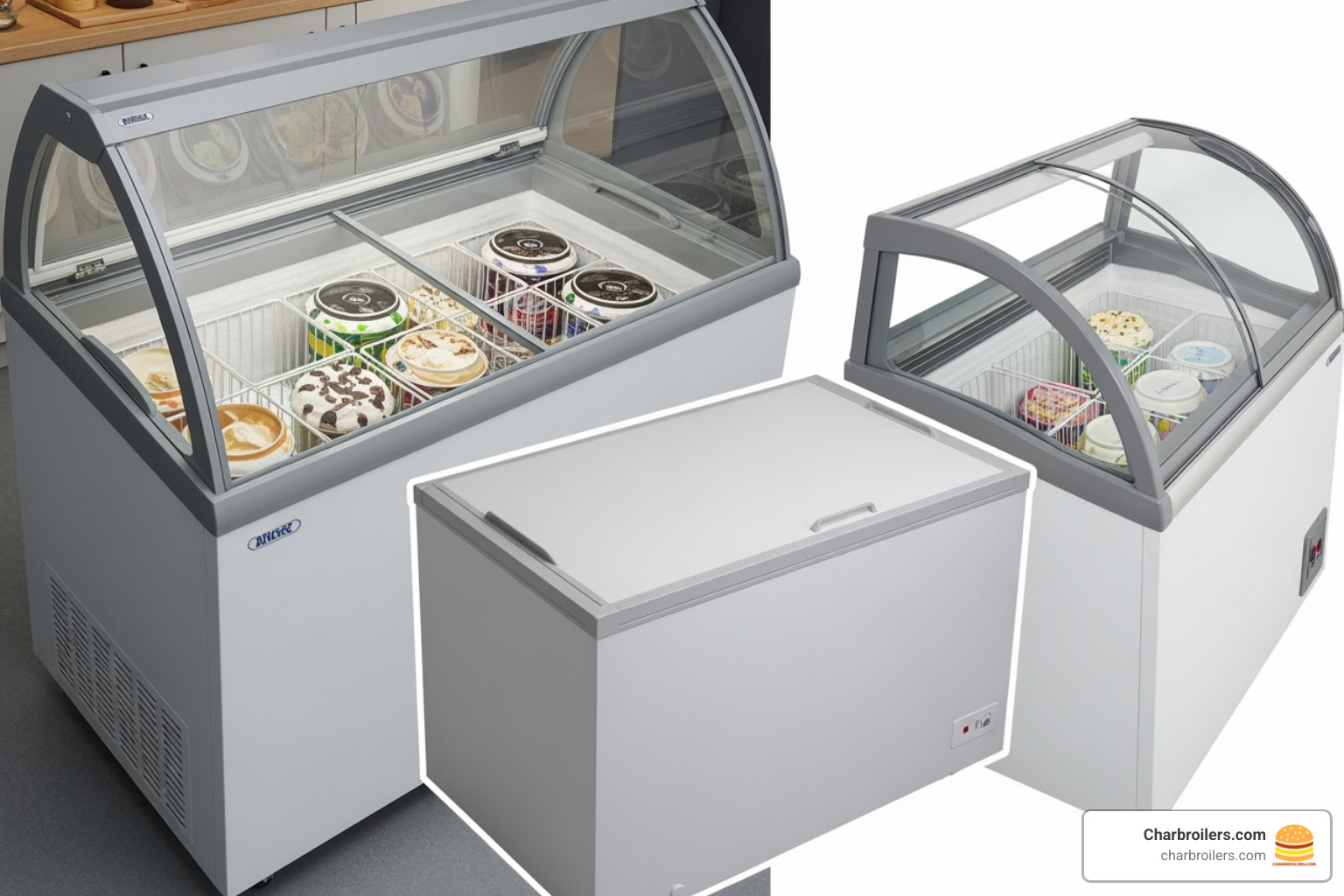 a scooping cabinet, a chest freezer, and a countertop unit side-by-side for comparison - best ice cream display freezer