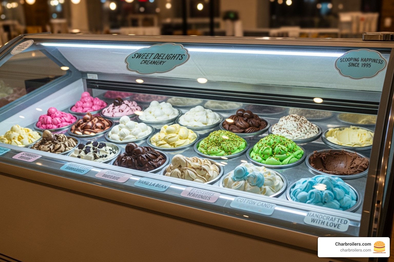 a sleek ice cream freezer with custom branding stickers and bright LED lighting - best ice cream display freezer