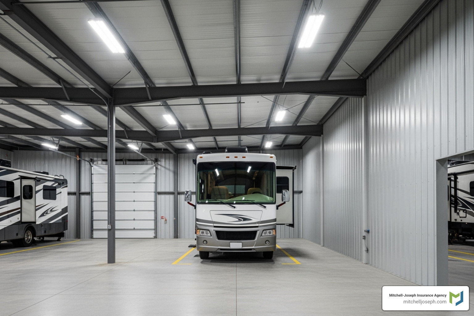 An RV being stored in a secure, covered facility - cost to insure a camper An RV being stored in a secure, covered facility - cost to insure a camper