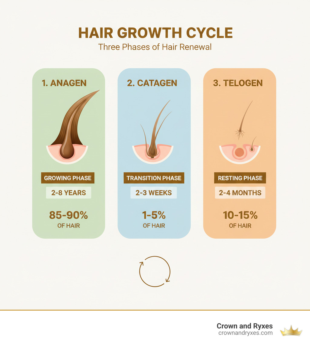 infographic showing the three stages of hair growth cycle: anagen (growing phase, 2-8 years), catagen (transition phase, 2-3 weeks), and telogen (resting phase, 2-4 months), with percentages of hair in each phase - Hair fall control infographic 