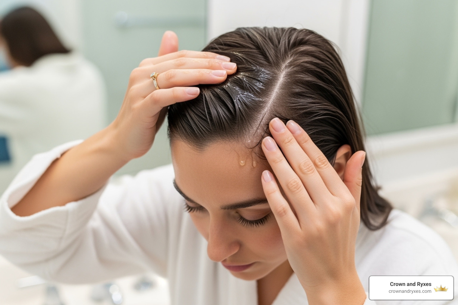 person applying a topical hair solution at home - Hair fall control