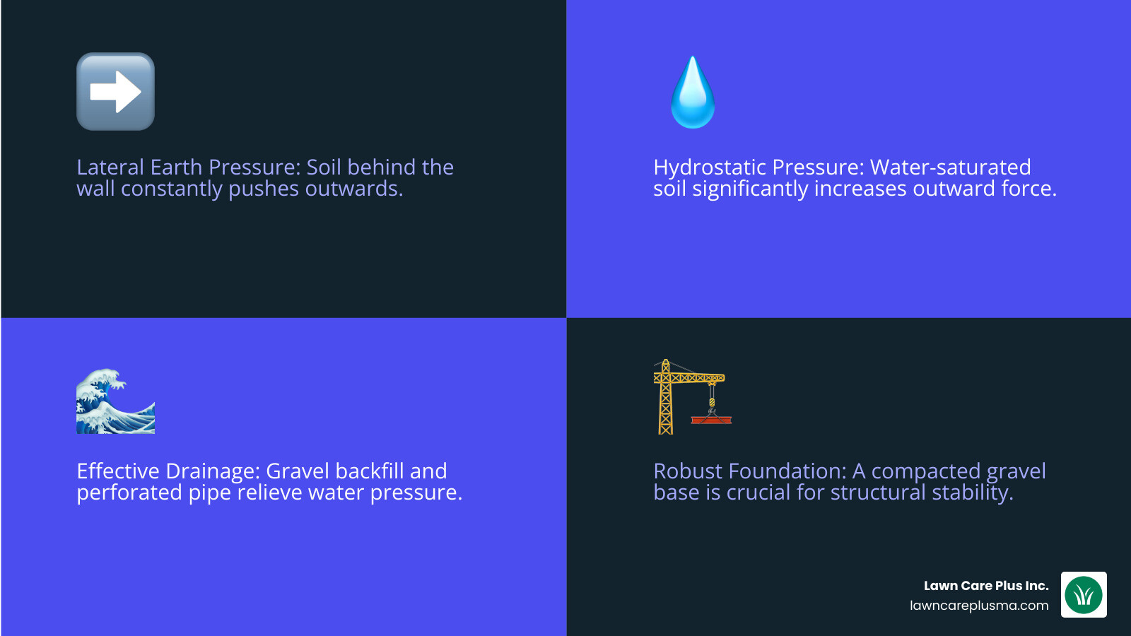 infographic showing cross-section of a retaining wall with labeled components including retained soil creating lateral earth pressure, water table creating hydrostatic pressure, gravel backfill for drainage, perforated drain pipe at base, compacted gravel foundation, and arrows indicating the direction of forces acting on the wall structure - Best Retaining Walls infographic 4_facts_emoji_blue