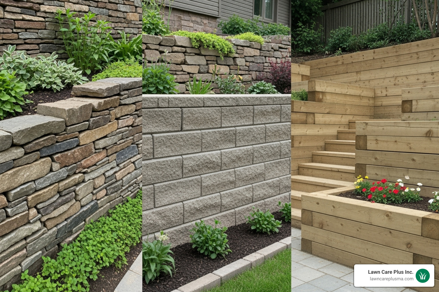 collage showcasing different retaining wall materials like natural stone, concrete blocks, and wood - Retaining Walls