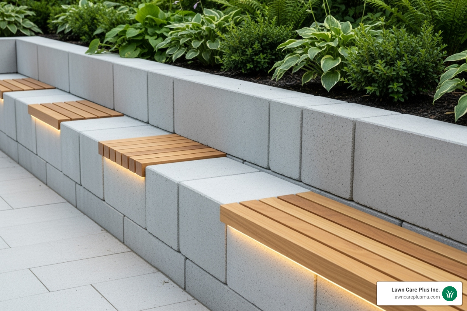 neat retaining wall with integrated seating and landscape lighting - Retaining Walls