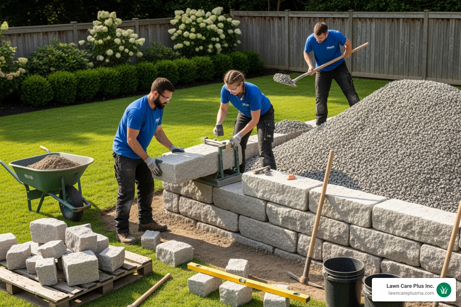 professional team from Lawn Care Plus Inc. working on a hardscaping project - Retaining Walls