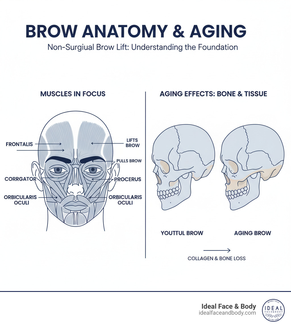 infographic showing brow anatomy with labeled muscles including frontalis, corrugator, procerus, and orbicularis oculi, plus illustrations of how aging affects bone structure and soft tissue volume in the brow area - Brow lift non-surgical infographic  infographic showing brow anatomy with labeled muscles including frontalis, corrugator, procerus, and orbicularis oculi, plus illustrations of how aging affects bone structure and soft tissue volume in the brow area - Brow lift non-surgical infographic