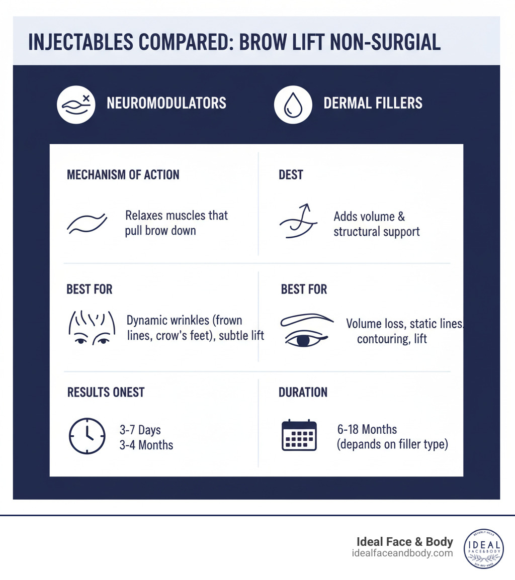 infographic comparing neuromodulators and dermal fillers on mechanism of action, best for, results onset, and duration - Brow lift non-surgical infographic  infographic comparing neuromodulators and dermal fillers on mechanism of action, best for, results onset, and duration - Brow lift non-surgical infographic