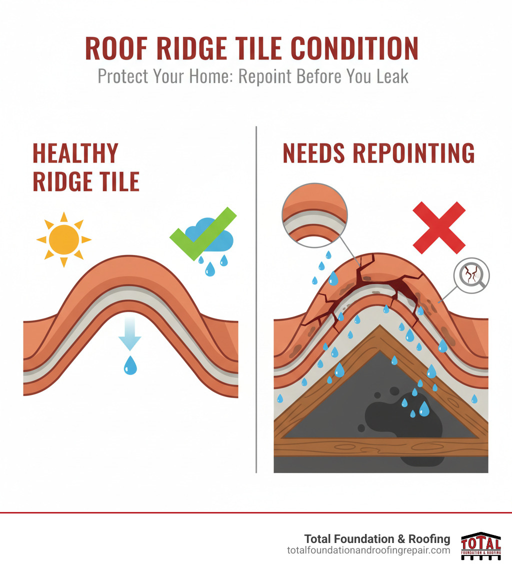 Infographic illustrating the difference between a healthy ridge tile and one needing repointing, highlighting cracks and water ingress. - cost of repointing roof ridge tiles infographic Infographic illustrating the difference between a healthy ridge tile and one needing repointing, highlighting cracks and water ingress. - cost of repointing roof ridge tiles infographic
