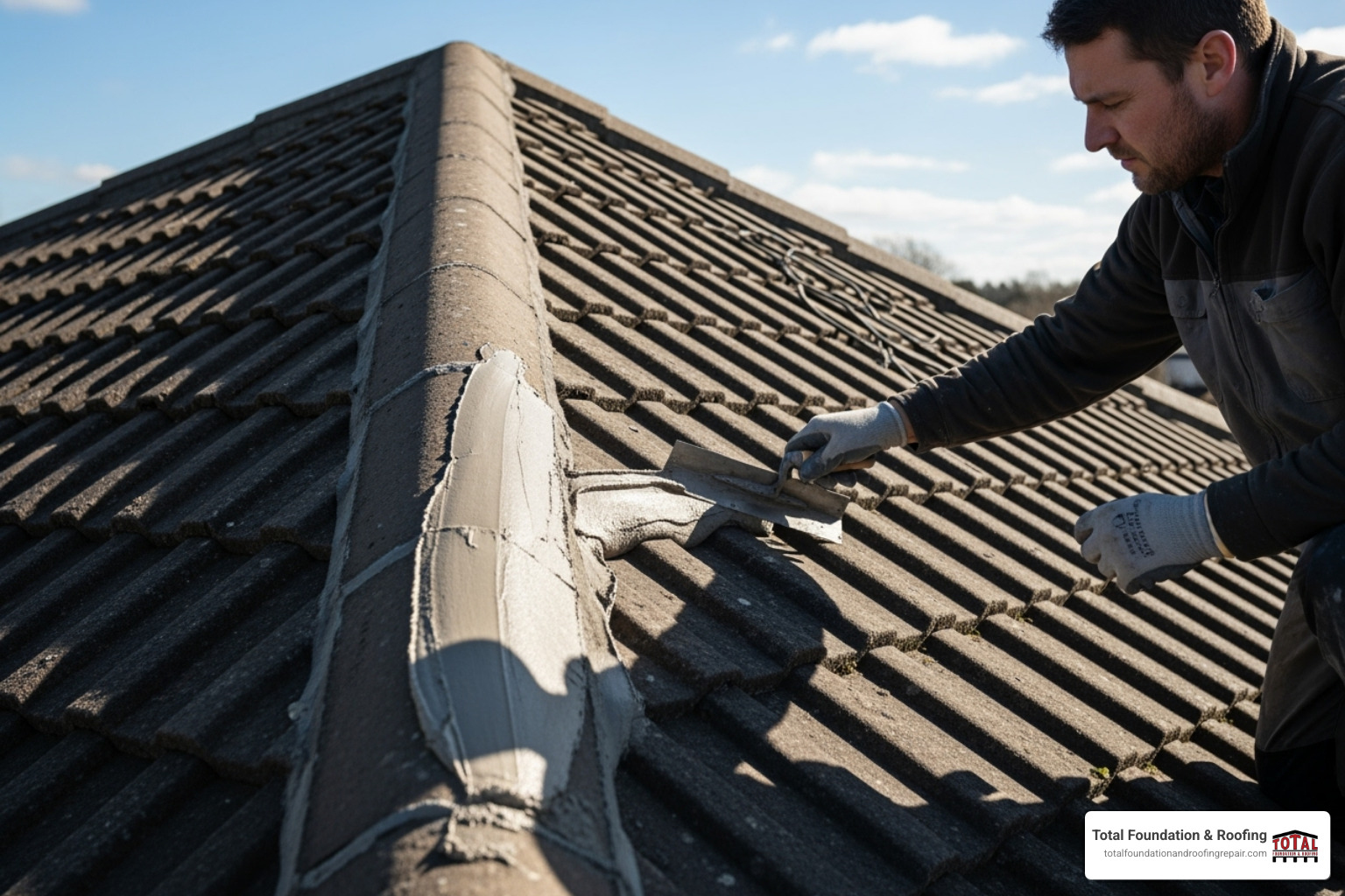 roofer applying flexible pointing compound to a ridge tile - cost of repointing roof ridge tiles roofer applying flexible pointing compound to a ridge tile - cost of repointing roof ridge tiles