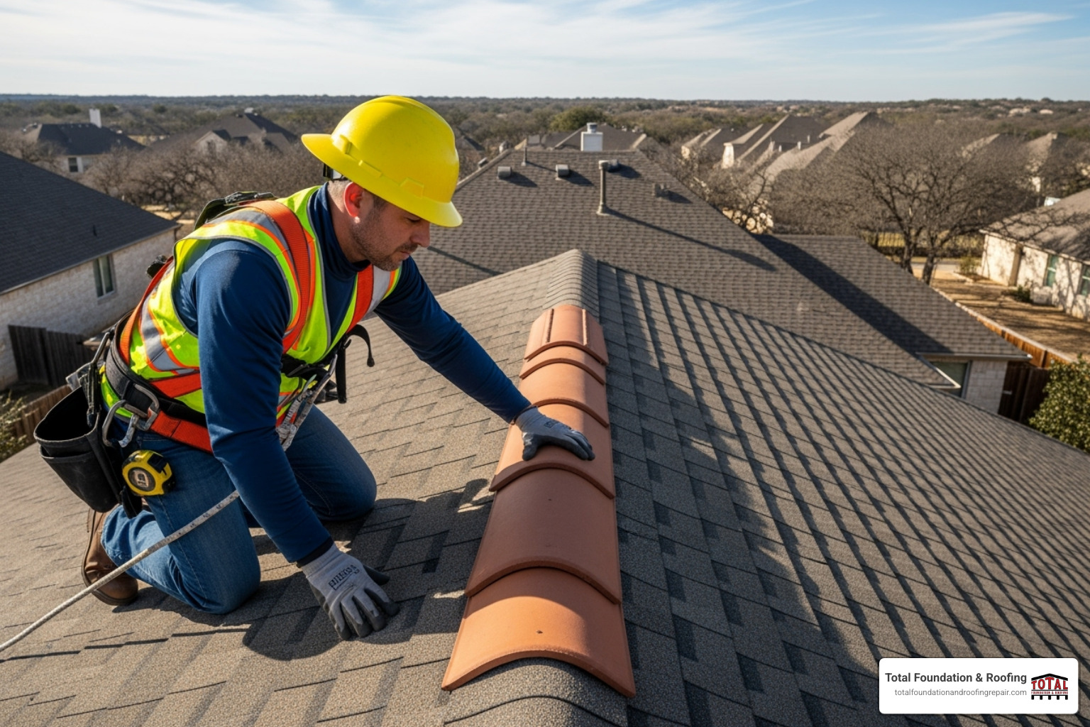 professional roofer with safety gear inspecting a roof in Kerrville, TX - cost of repointing roof ridge tiles professional roofer with safety gear inspecting a roof in Kerrville, TX - cost of repointing roof ridge tiles