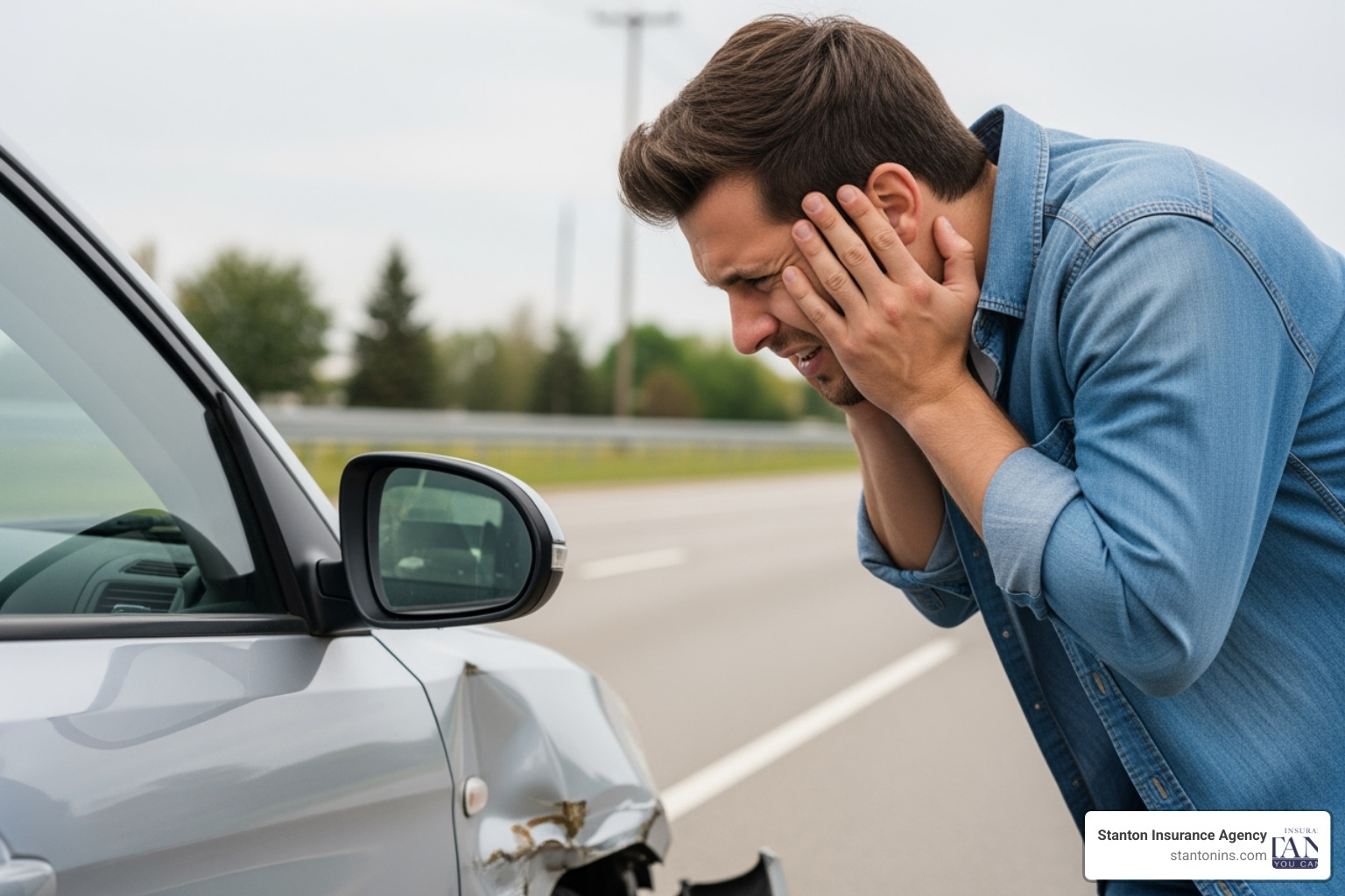 driver looking at damage to their own car with a frustrated expression - car liability coverage cost