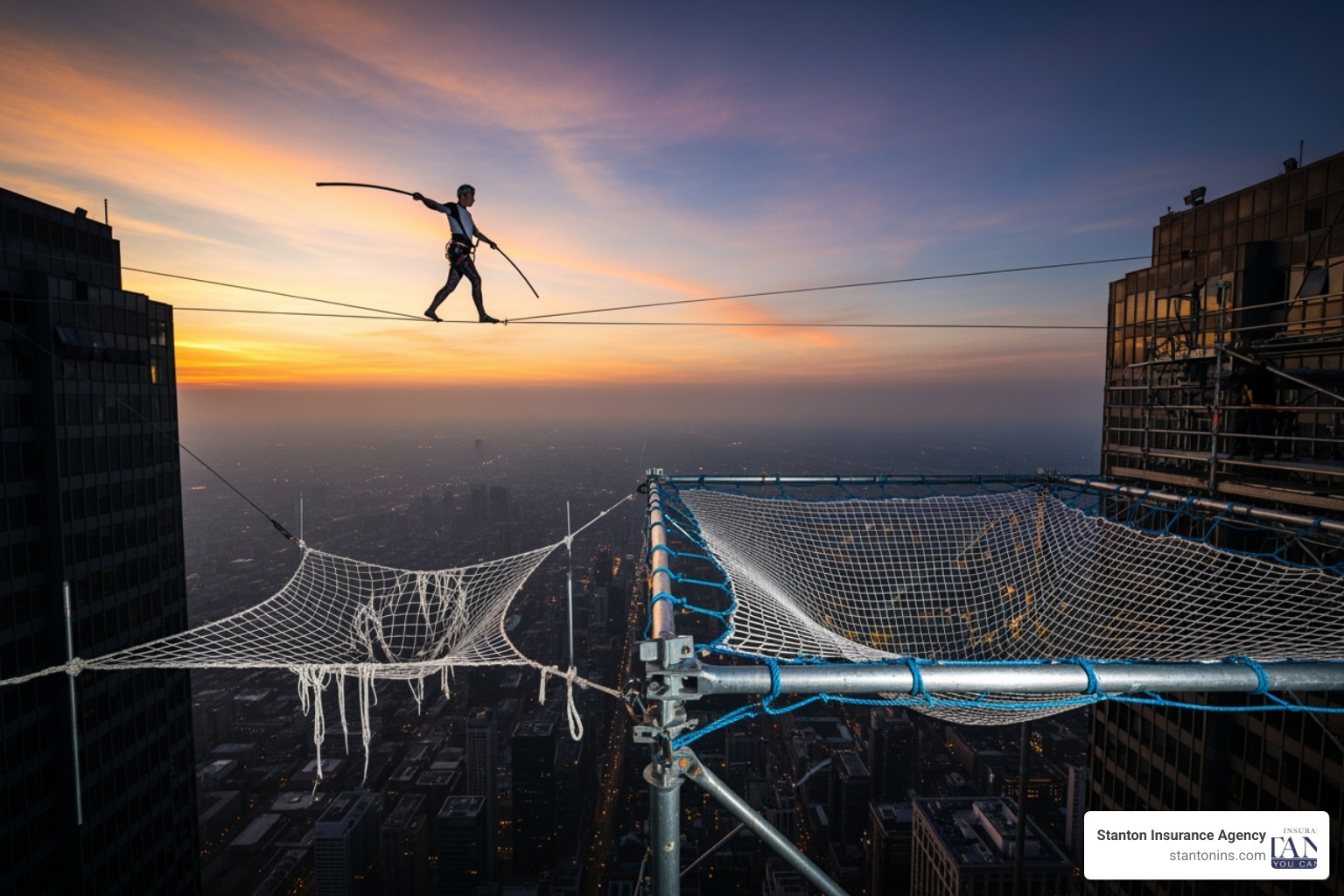 image comparing a small safety net under a tightrope walker (minimum coverage) vs. a large one (recommended coverage) - car liability coverage cost