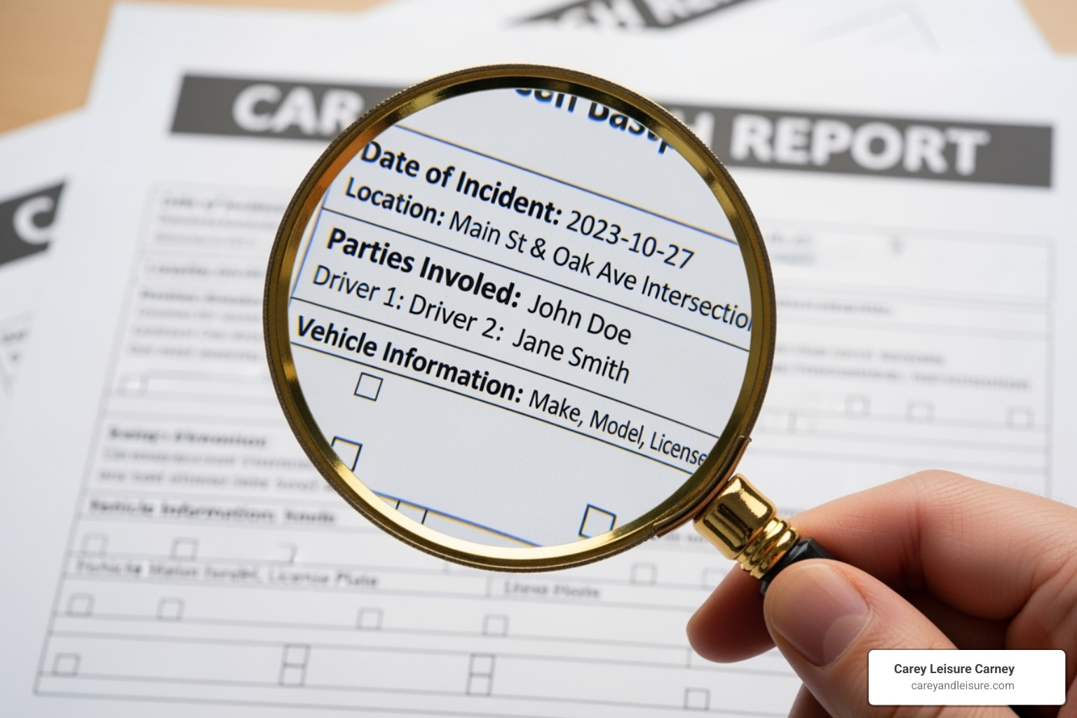 magnifying glass over a section of a crash report - car crash accident yesterday