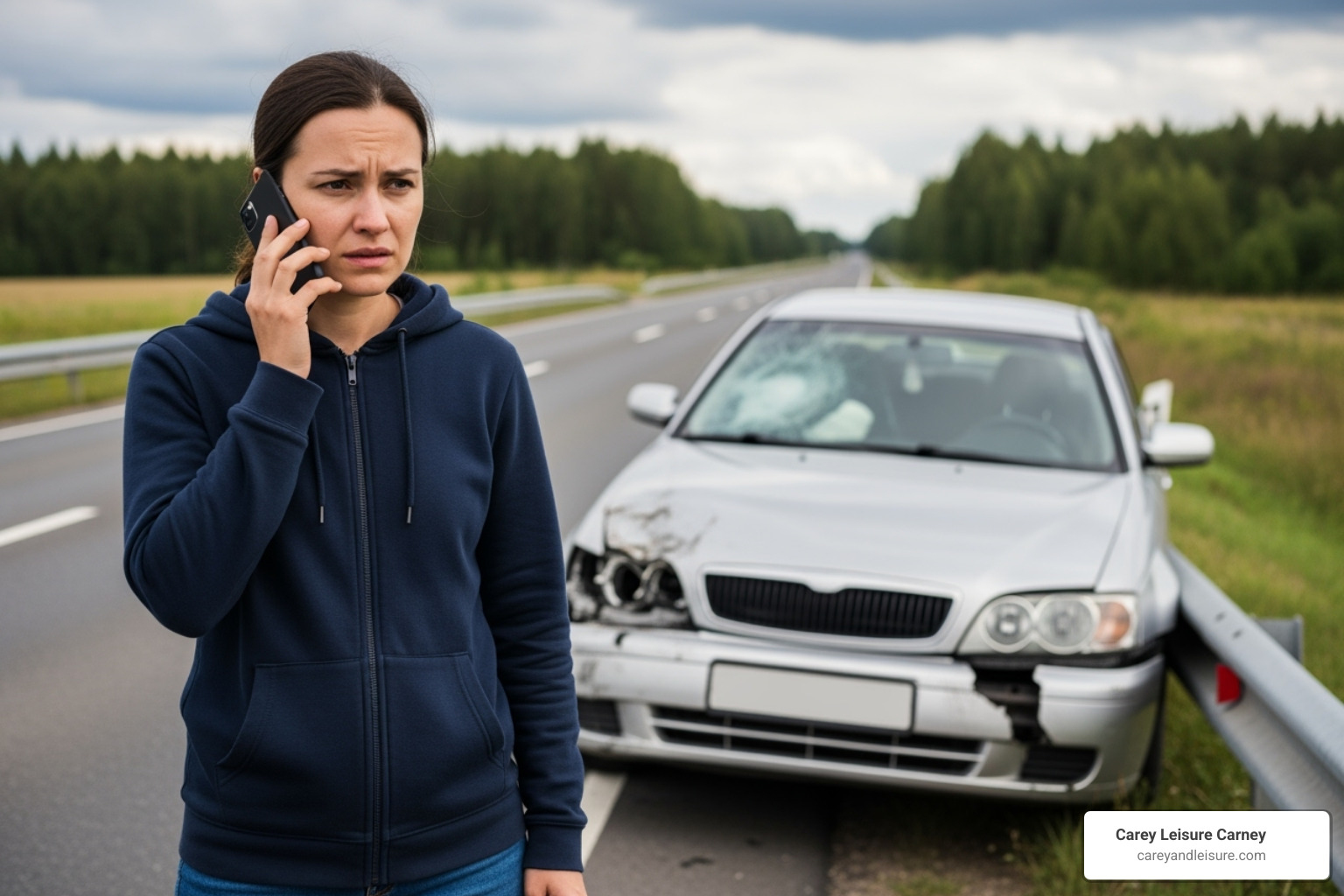 person on the phone looking concerned, with a damaged car in the background - car crash accident yesterday